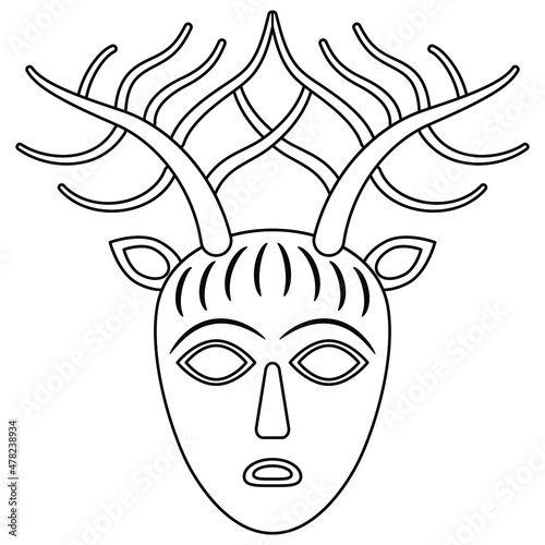 Head of Celtic god Cernunnos. Pagan mask. Horned human male face with deer antlers. Lord of beasts and wild nature. Black and white linear silhouette.