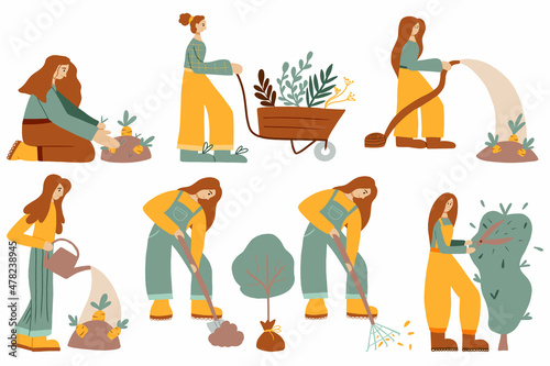  Vector set of women working in the garden. The girls are doing gardening. Gardening concept.