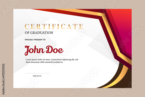 Certificate template design for graduation with simple and premium golden, red in luxury geometric shape style