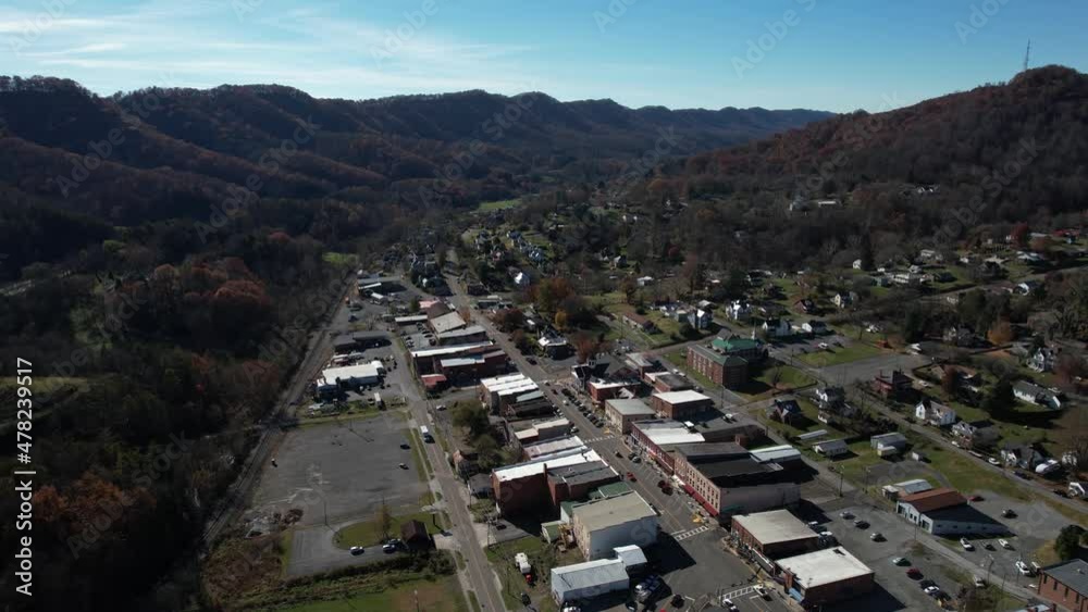 Gate City, Virginia USA. Drone Aerial View of Small Countryside Town Buildings and Streets on Sunny Day Gate City, Virginia USA. Drone Aerial View of Small Countryside Town Buildings and Streets on Sunny Day