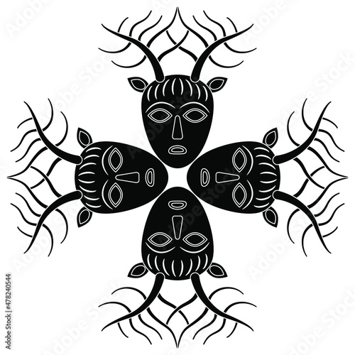 Rectangular cross design with four heads of Celtic god Cernunnos. Square tile design with pagan mask. Horned human faces with deer antlers. Lord of beasts and wild nature. Black and white silhouette.