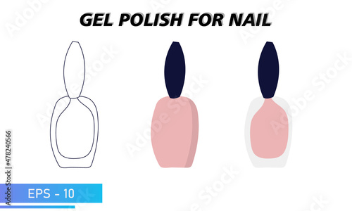 A bottle of nail polish. A simple jar, a transparent colored jar and a silhouette in lines. Objects and materials for a beauty and fashion salon. Vector illustration. © Svjatoslav