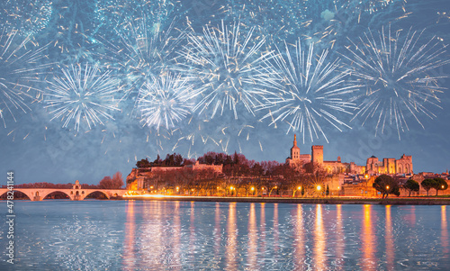 Pont Saint Benezet bridge on the Rhone River  and  Palace of the Popes ( Palais des Papes) and Avignon Cathedral with fireworks - Avignon city, France 
