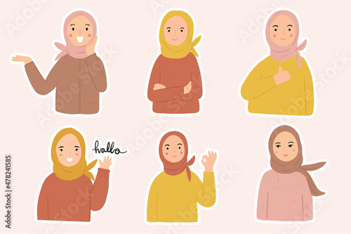 set of cute hijab girl sticker with various expression