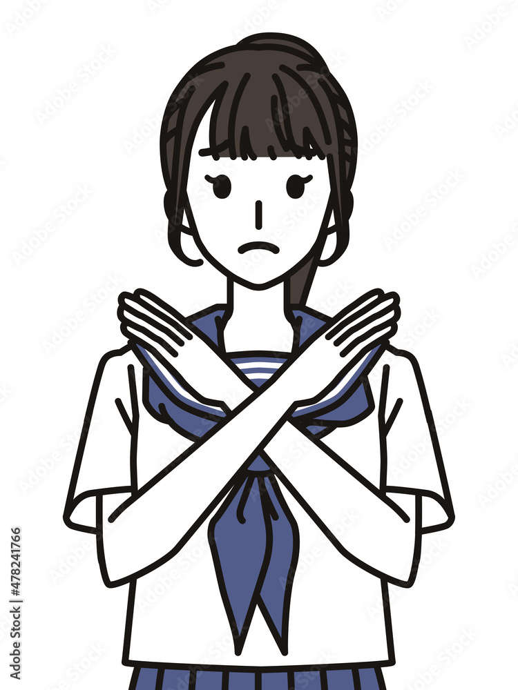 手でばつのジェスチャーをするセーラー服の女子中学生・高校生