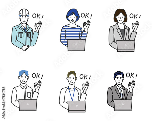 Illustration of a simple line drawing on a white background where young men and women of various occupations sit in front of a computer and signal OK with a smile.short hair.
