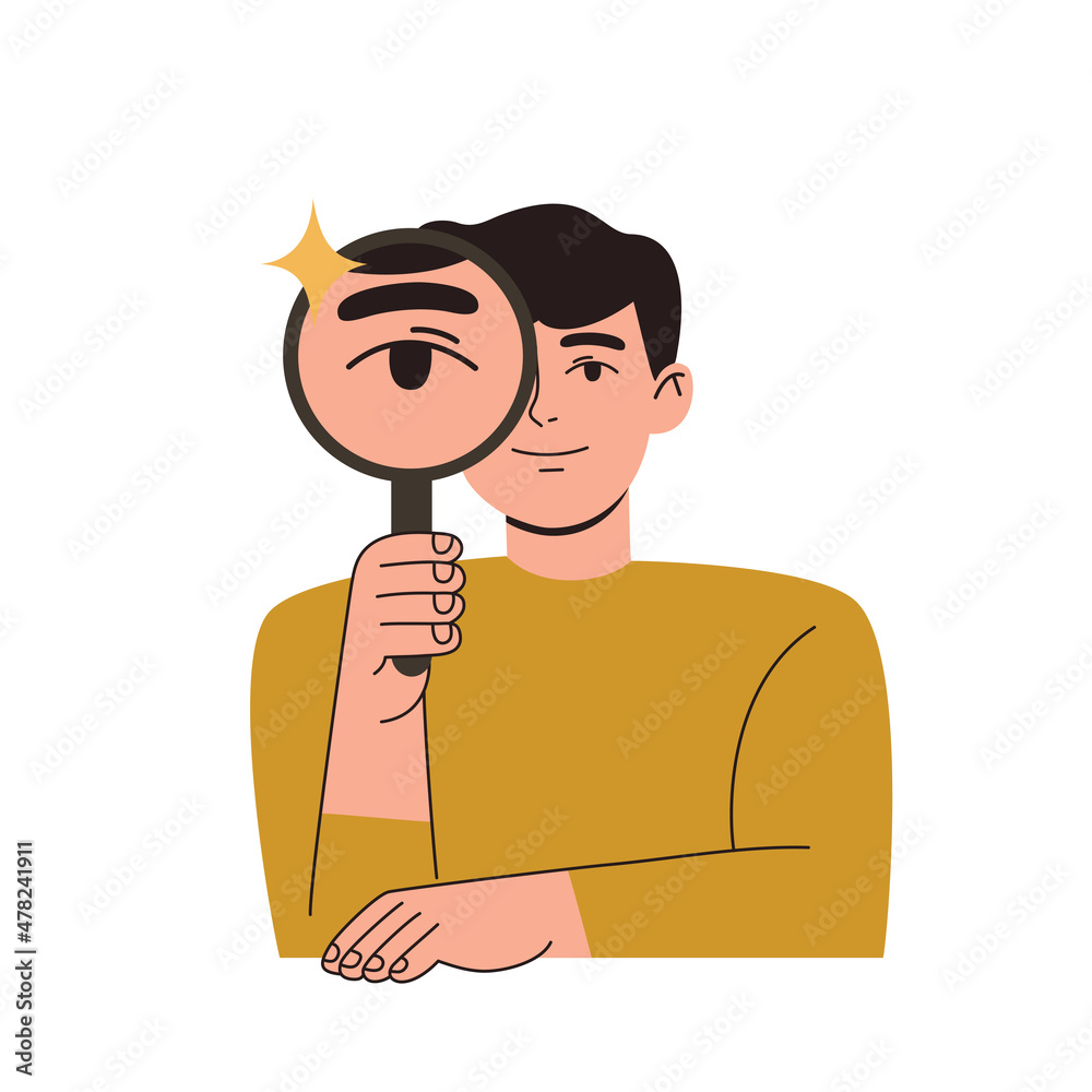 Man looking through magnifying glass or loupe. Hand drawn vector colorful funny cartoon style illustration. Man looking through magnifying glass or loupe. Hand drawn vector colorful funny cartoon style illustration.