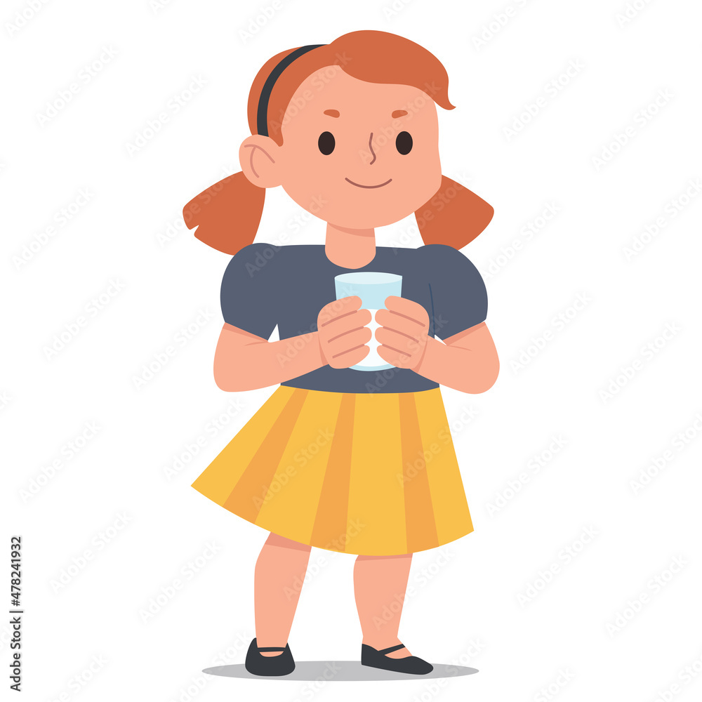 Cute little girl with a glass of milk. Vector  flat cartoon style illustration