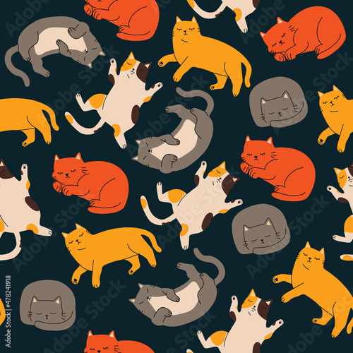 Seamless cartoon colorful hand drawn pattern of sleeping cats for fabric textile or wrapping paper. Cute cartoon vector illustration for children 