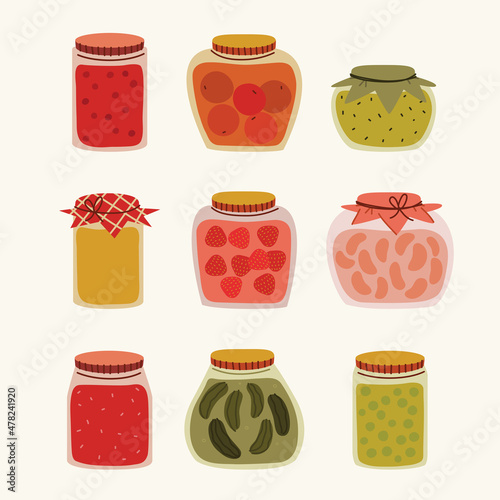Set of glass jars with preserved vegetables, stewed fruits and berry jams. Cute hand drawn vector colorful funny cartoon style illustration