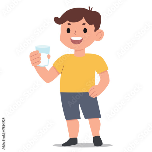 Cute little boy with a glass of milk. Vector flat cartoon style illustration