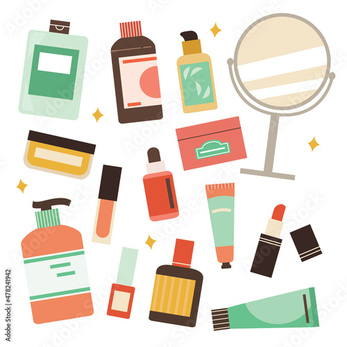 Set of bottles, jars and tubes with cosmetics for body, hair and skin care. Collection of skincare products. Hand drawn vector colorful flat cartoon style illustration.