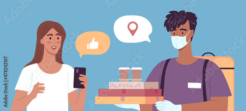 A young courier with medical mask and gloves delivers some food orders to a customer. Vector illustration of Quarantine regulations
