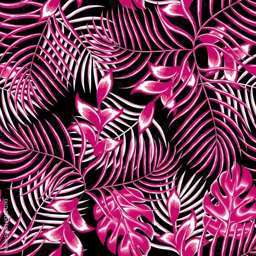 vector seamless tropical pattern composition with shine pink plants leaves and foliage on dark background. Seamless exotic pattern with tropical plants. Exotic wallpaper. Trendy summer Hawaii print.