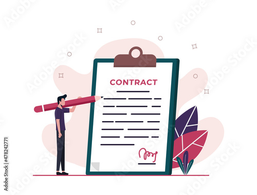 Man signing contract with big pen. Deal and agreement concept. Modern vector illustration.