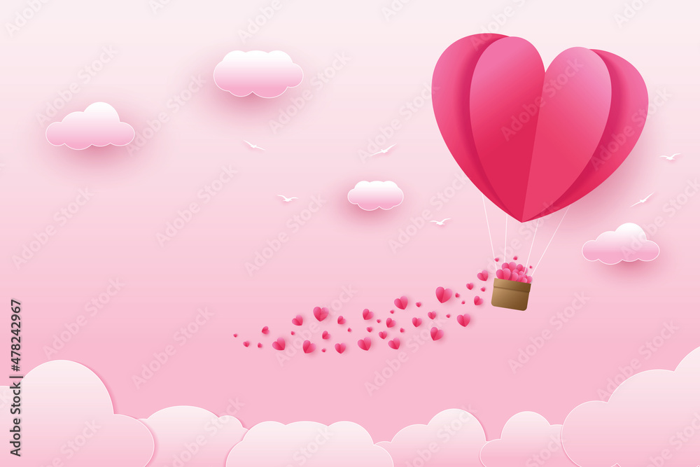 Illustration of love and valentine's day, heart shaped balloon with many small hearts floating in the sky. Paper art and digital craft patterns