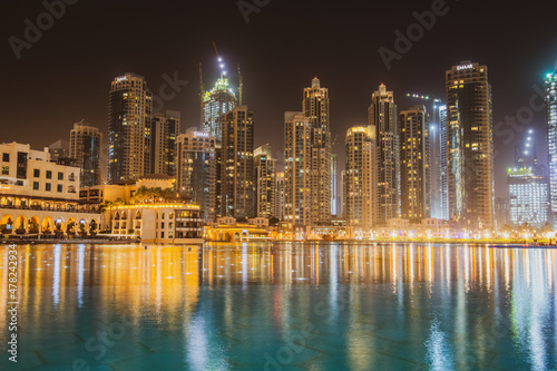 Dubai Skyline at Night With Water Reflection © Michael