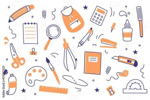 School and office stationery set. Doodle pen, pencil, marker, notebook, ruler and backpack. Vector flat icons of education supplies, scissors, calculator, magnifier and paints