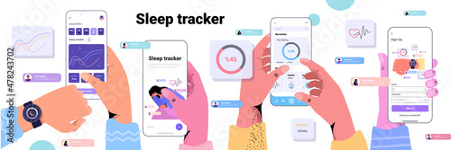 people using electronic smart watch app tracker on hand quality and quantity sleep control concept