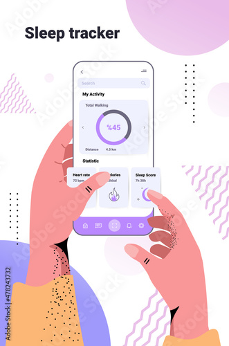 people using electronic smart watch app tracker on hand quality and quantity sleep control concept