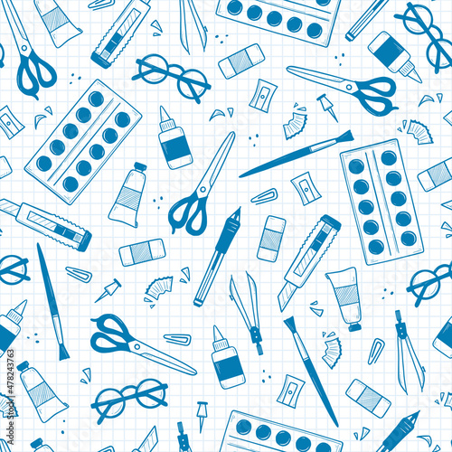 Doodle school stuff and stationery seamless pattern. Vector background with eraser, paints, scissors, pencil sharpener and paintbrush, glue, paper knife, glasses, compass and pin on checkered page