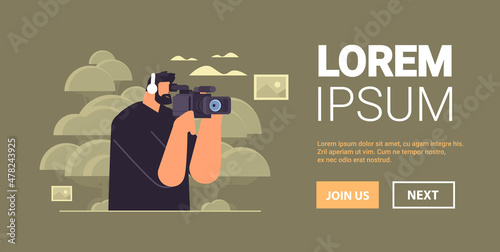 television operator using video camera cameraman looking through camcorder movie making concept