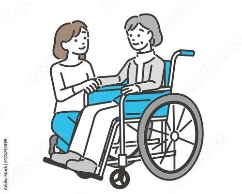 
車椅子に乗るシニアと女性の介護福祉士(看護師）のベクターイラスト素材／車いす／介護／怪我／福祉／ヘルパー