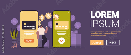 businessman sending or receiving dollar coins via smartphones money transfer payment financial transactions