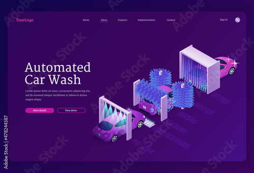 Automated car wash website. Vector landing page of carwash with isometric illustration of dirty and shiny vehicle after complex clean by water shower, brushes with foam and drying