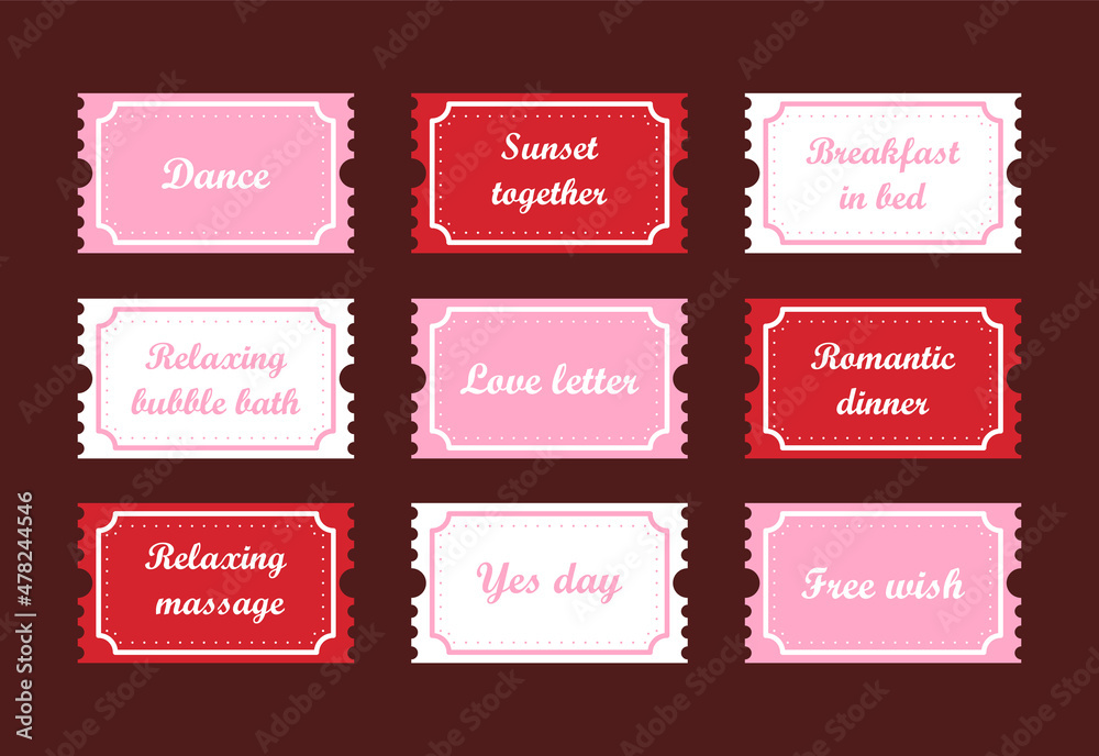 Valentines coupons. Love night tickets. Best gift for boyfriend. Present for couples. Vector cards templates in cartoon style.