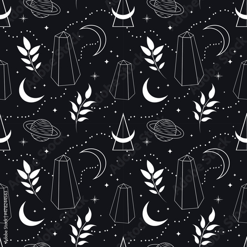 vector seamless pattern on the theme of esotericism, witchcraft, magic, astrology. pattern in flat style with crystals, herbs, moons, planets. for printing on fabric, wrapping paper