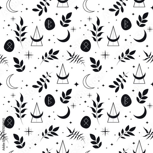 vector seamless pattern on the theme of esotericism, witchcraft, magic, astrology. pattern in flat style with runes, herbs, moons, planets. for printing on fabric, wrapping paper