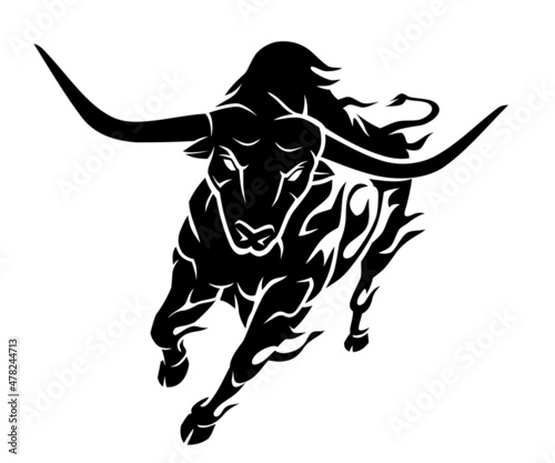 Bull Blazing, Front View Abstract Flame Silhouette