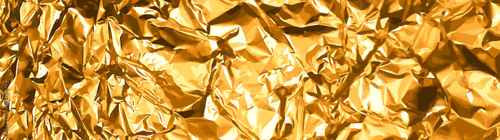 Gold crumpled foil background, banner. Aluminum foil as background for  design. Texture of crumpled foil. Crumpled Golden Foil, Texture Fashion  Background. Golden texture with metallic luster. Vector Stock Vector
