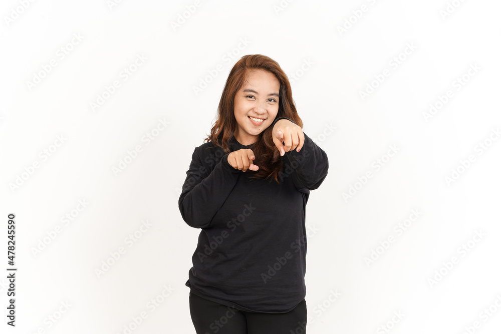 Smiling and Pointing At You Of Beautiful Asian Woman Wearing Black Shirt Isolated On White Smiling and Pointing At You Of Beautiful Asian Woman Wearing Black Shirt Isolated On White