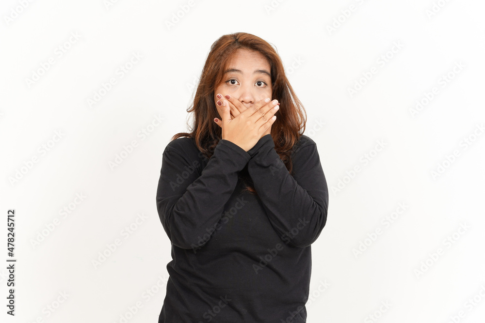 Covering Mouth With Hands Of Beautiful Asian Woman Wearing Black Shirt Isolated On White Background Covering Mouth With Hands Of Beautiful Asian Woman Wearing Black Shirt Isolated On White Background
