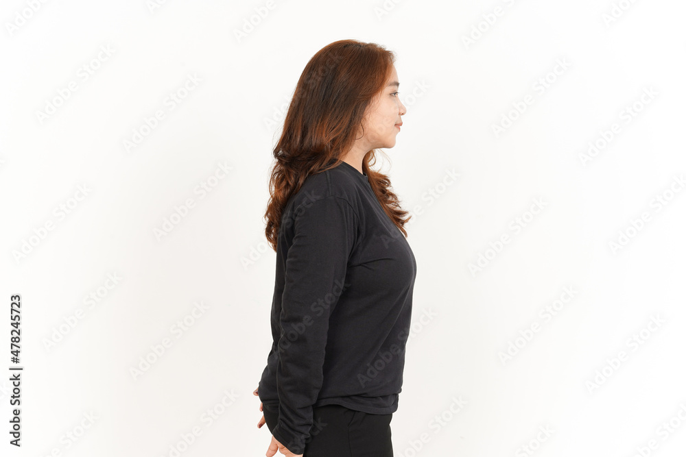Side View Of Beautiful Asian Woman Wearing Black Shirt Isolated On White Background Side View Of Beautiful Asian Woman Wearing Black Shirt Isolated On White Background