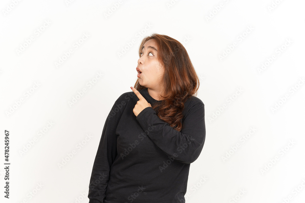 Pointing Aside Of Beautiful Asian Woman Wearing Black Shirt Isolated On White Background Pointing Aside Of Beautiful Asian Woman Wearing Black Shirt Isolated On White Background