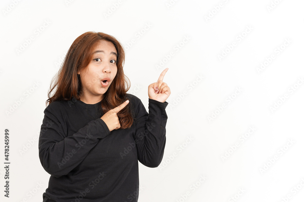 Pointing Aside Of Beautiful Asian Woman Wearing Black Shirt Isolated On White Background Pointing Aside Of Beautiful Asian Woman Wearing Black Shirt Isolated On White Background