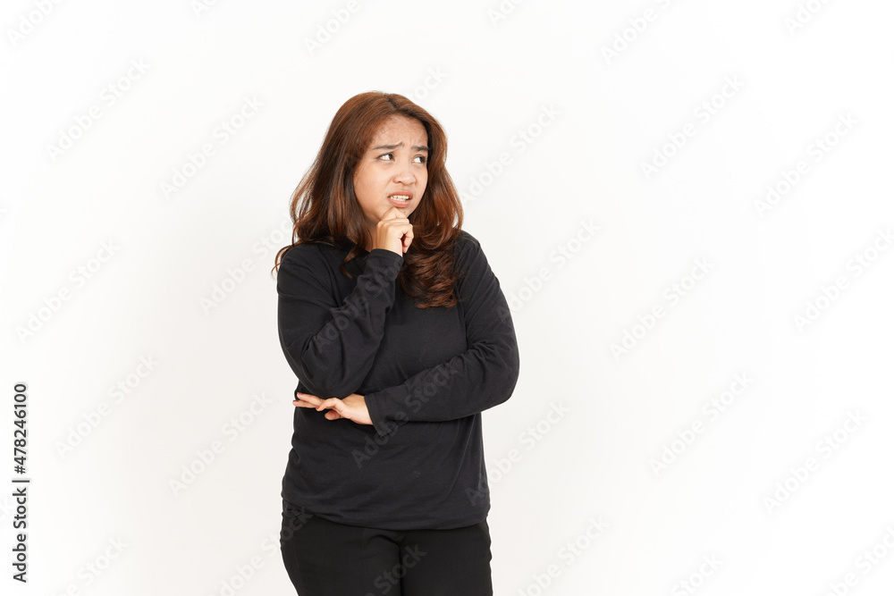 Thinking Gesture Of Beautiful Asian Woman Wearing Black Shirt Isolated On White Background Thinking Gesture Of Beautiful Asian Woman Wearing Black Shirt Isolated On White Background