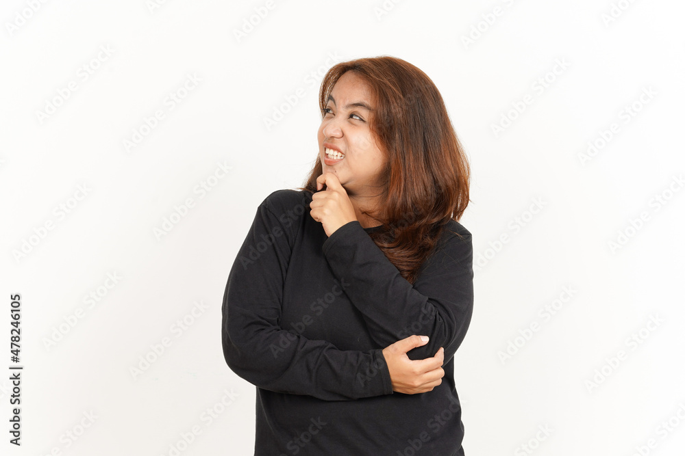 Thinking Gesture Of Beautiful Asian Woman Wearing Black Shirt Isolated On White Background Thinking Gesture Of Beautiful Asian Woman Wearing Black Shirt Isolated On White Background