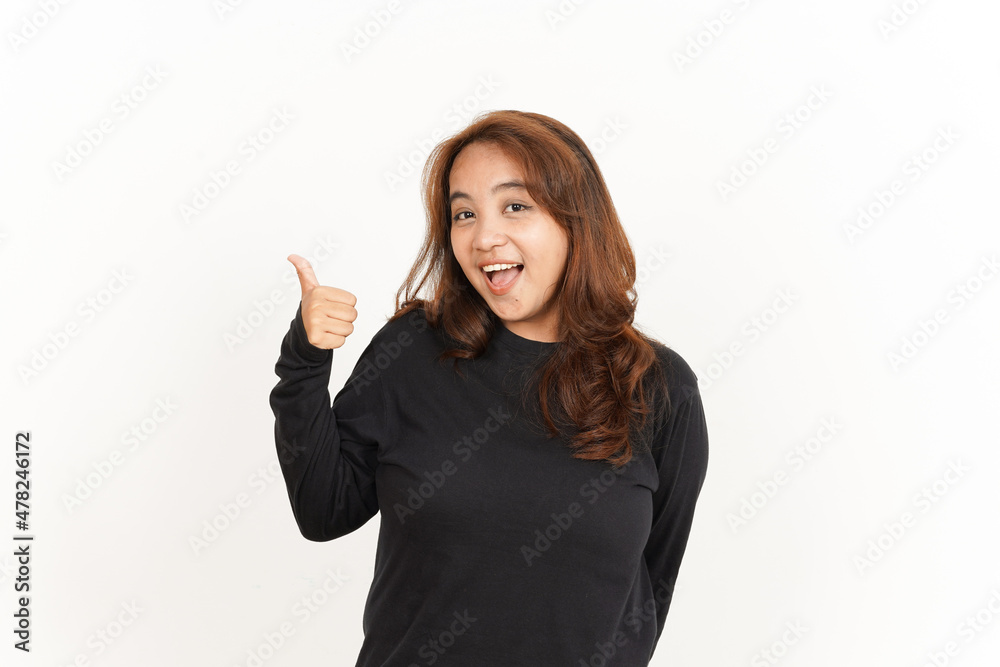 Showing and Pointing Aside with Thumb Of Beautiful Asian Woman Wearing Black Shirt Showing and Pointing Aside with Thumb Of Beautiful Asian Woman Wearing Black Shirt