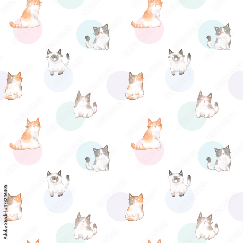 Seamless Pattern with Cute Cat and Pastel Dot Design on White Background