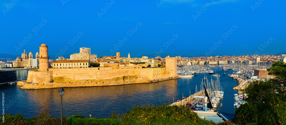 External view of Fort Saint-Jean and Old Port of Marseille, southern France.