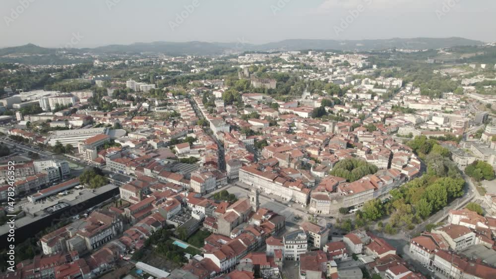 Wide drone shot of Toural Square in world heritage city of Guimaraes Wide drone shot of Toural Square in world heritage city of Guimaraes