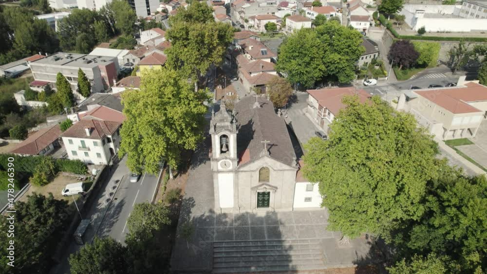 Drone pan showing historic Church of St. Damasus; Guimaraes Drone pan showing historic Church of St. Damasus; Guimaraes