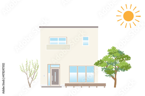 架空の戸建住宅 シンプルな小さい一軒家のイラスト 陸屋根 線色白