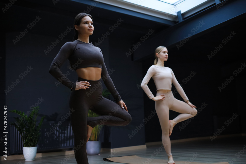 Obraz premium Full length two sportive women in sportswear stretching bodies while having workout at gym. Group training, teamwork concept