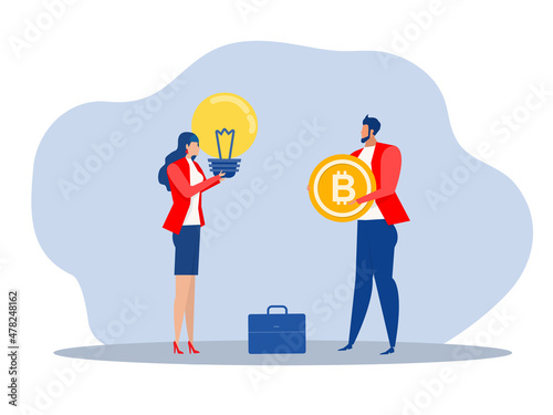 Businessman holding bitcoin to exchange a light bulb metaphor for bright idea. Vector illustration