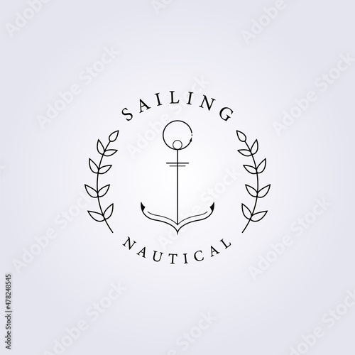abstract eco anchor with green leaves or branch, luxury nautical summer resort beach surf logo vector illustration design